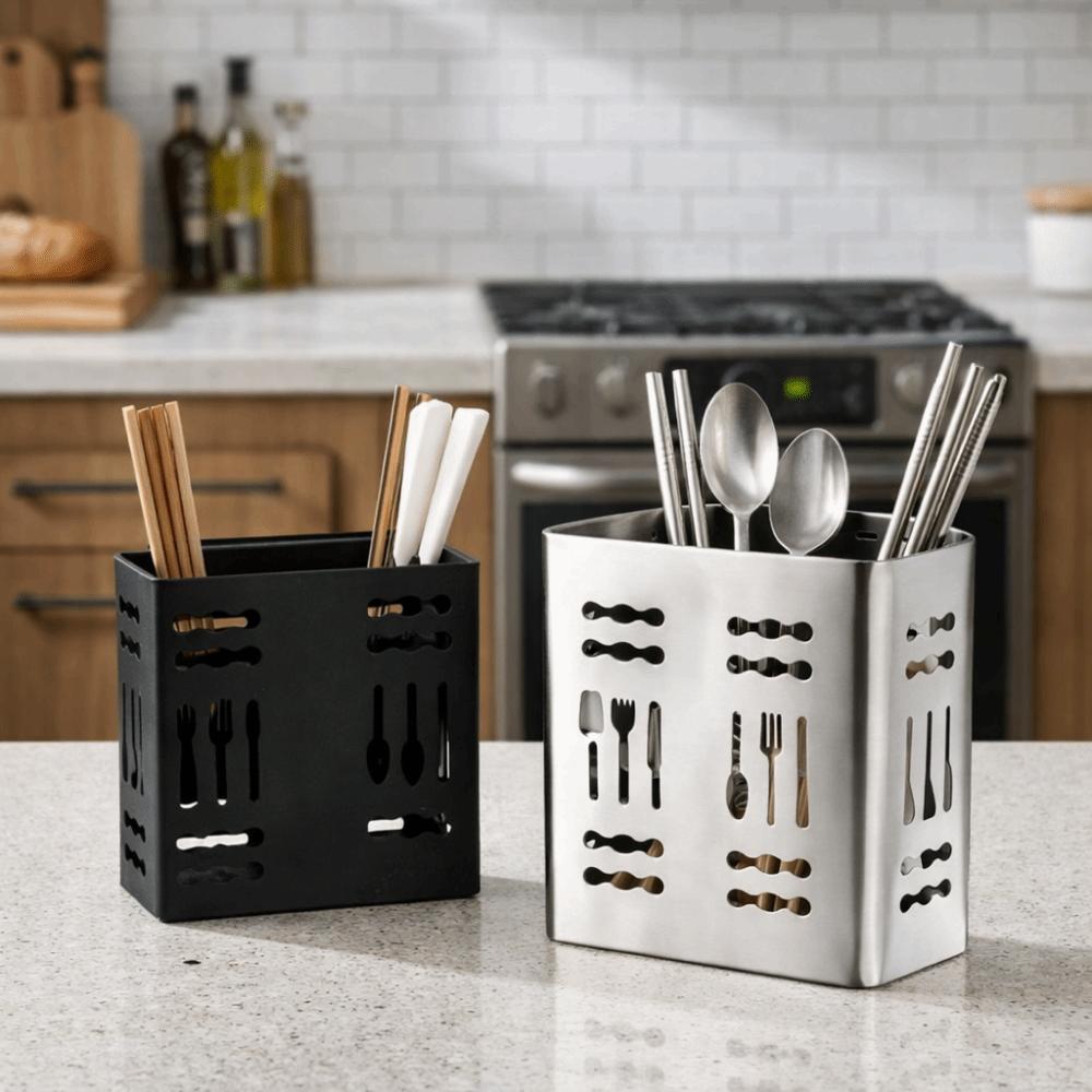 2 Divided Compartments Stainless Steel Chopsticks Rack Wall Mounted Space Saving Cutlery Drying Rack with Hook Rust-proof