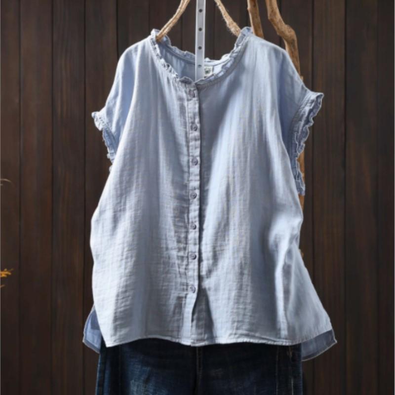 Johnature Camisetas sin Mangas Vintage de Algodón para Mujer Cuello Redondo Color Sólido Verano Botones Sin Mangas Holgadas Suaves Casual Camisetas sin Mangas