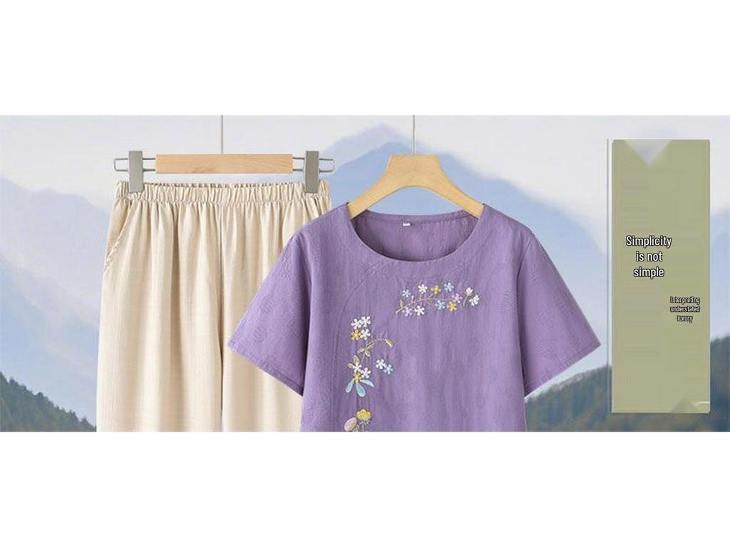 Summer Embroidered Two-Piece Home Set for Mature Women - Thin Cotton & Linen