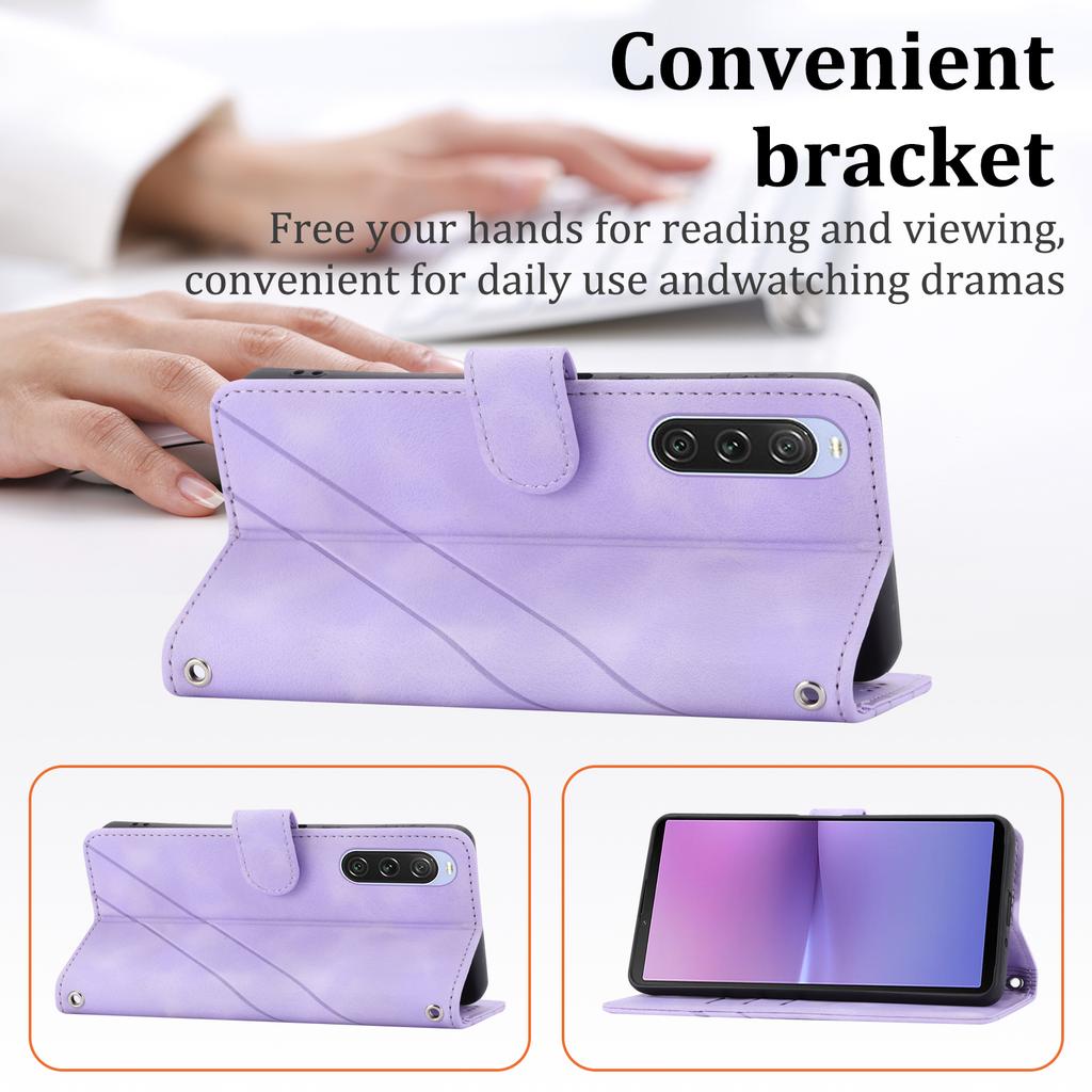 For Sony Xperia 5 IV 5G Case Imprinted Line Leather Phone Cover with Handy Strap
