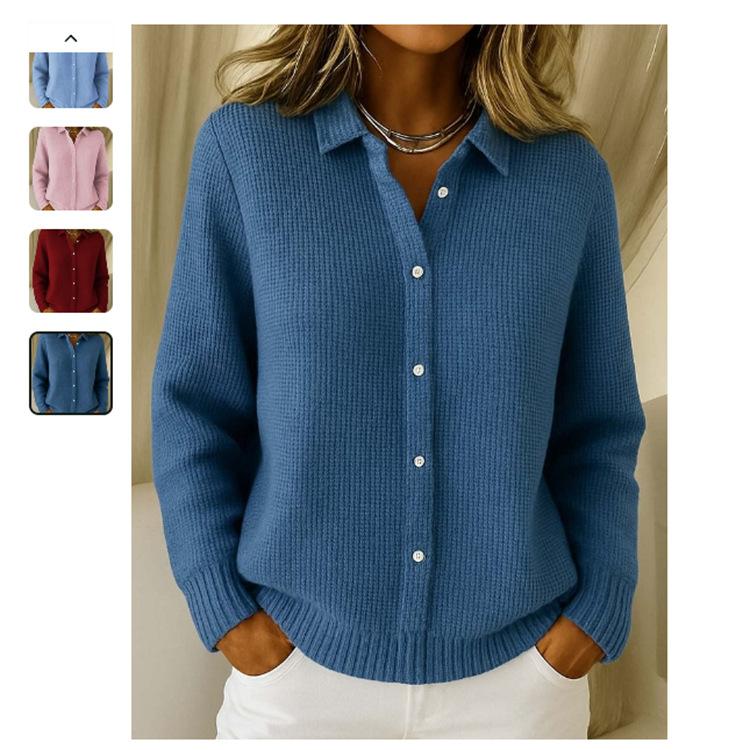 Women's Light Blue Knit Cardigan Long Sleeve Button Front Ribbed Hem Casual Loose Open Front Sweater