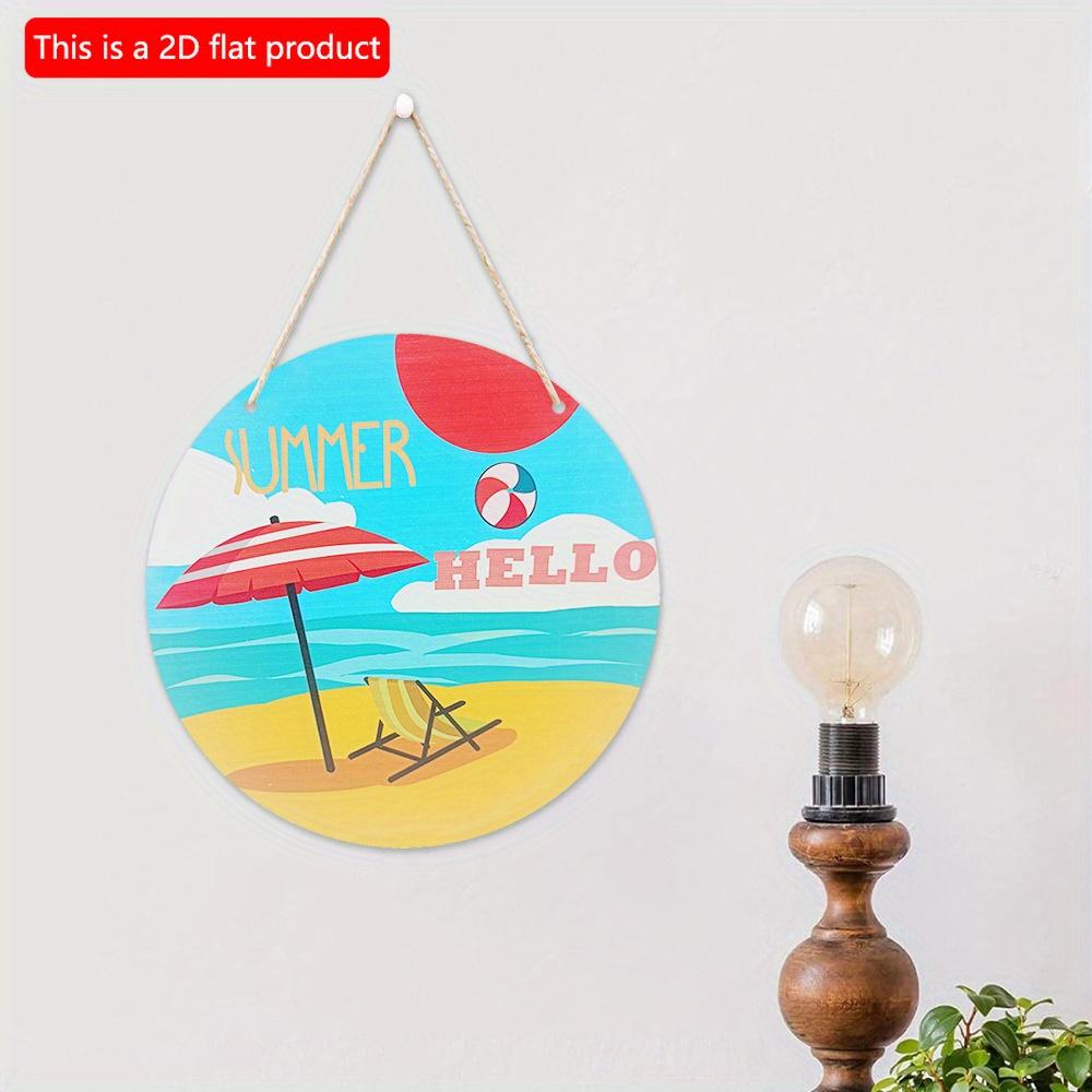 2D flat 20*20cm 1pc Hello Summer Cartoon parasol&recliner patterns Wooden Hanging Decor Beach tourism scene Awesome Round ornament Suitable for resort
