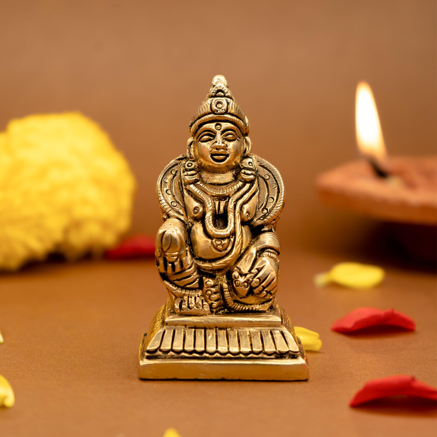 100% Pure Brass Kuber Murti, Lord Guberan Petal Statue, Gold, Pooja Room Idol