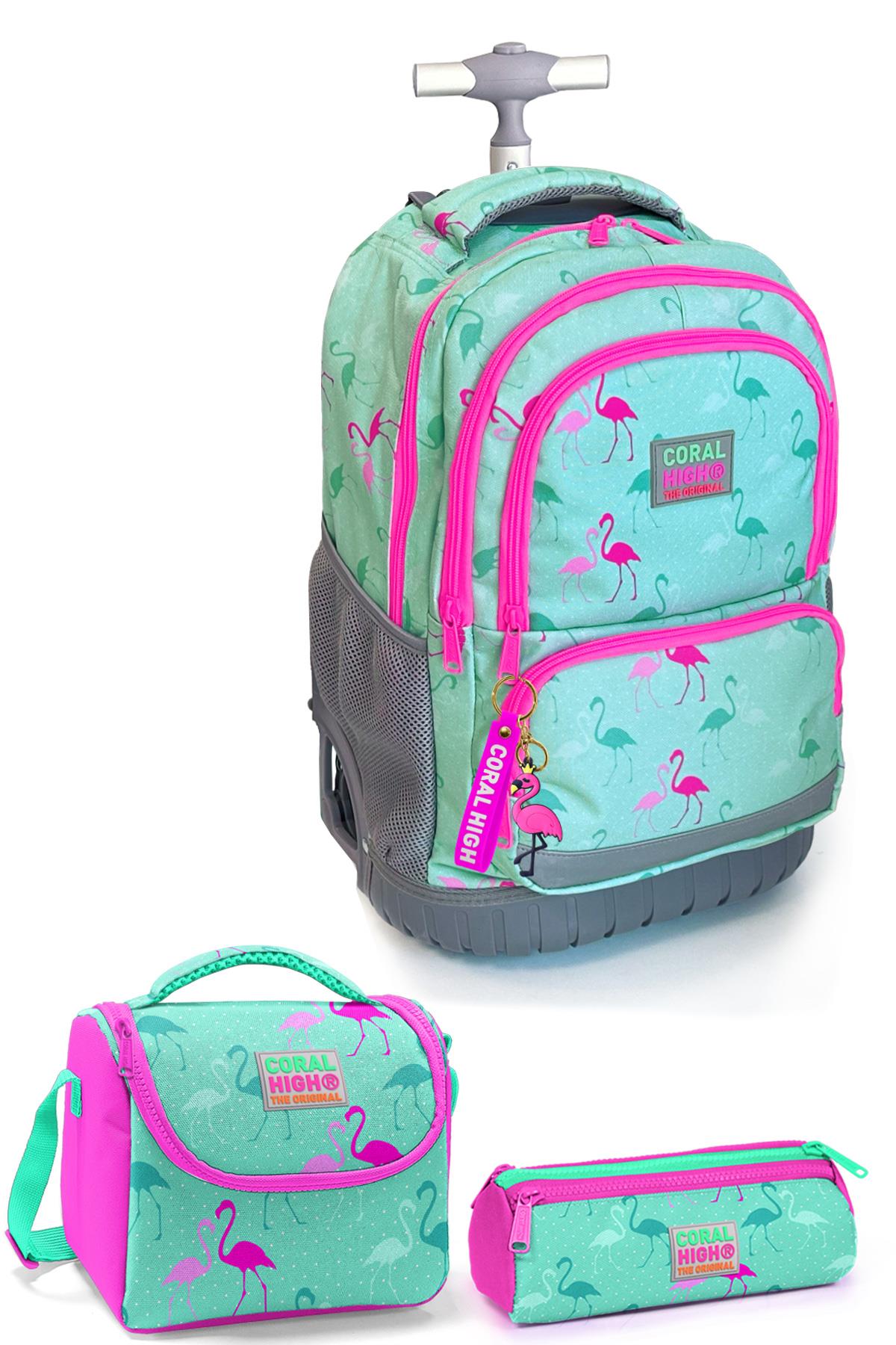 

Coral High Kids Water Green Flamingo Patterned Trolley 3-Piece Bag Set SET0124022