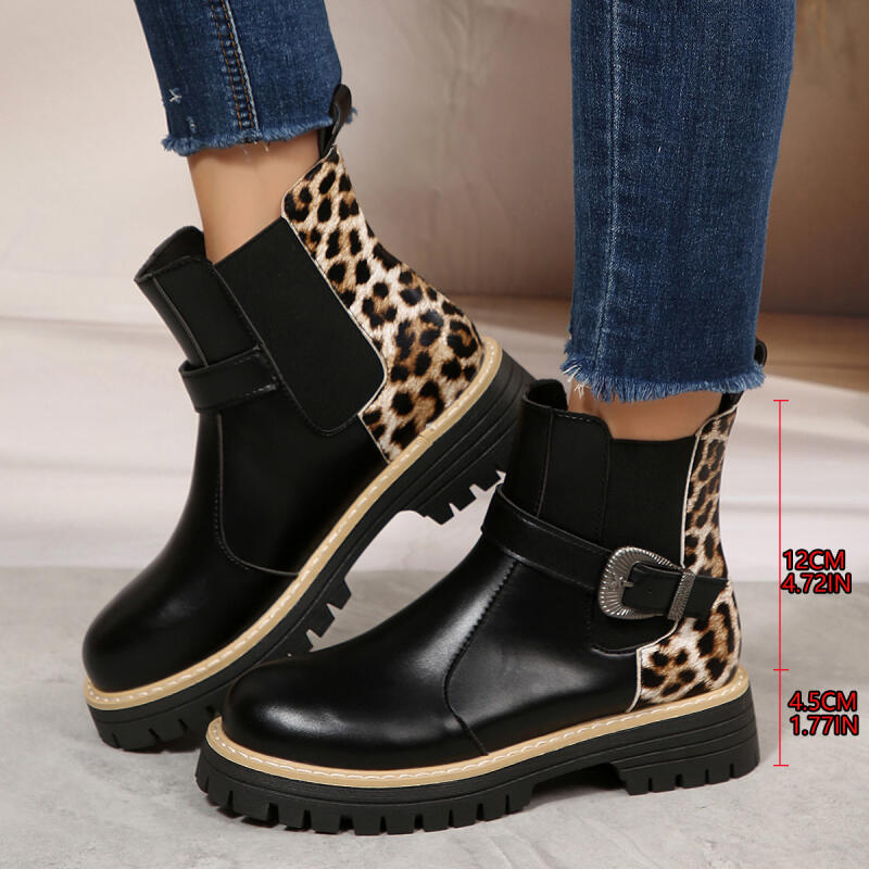 Luxury Leopard Thick Bottom Leather Ankle Boots Women  Winter Metal Buckle Designer Chelsea Boots Punk Woman's Short Booties