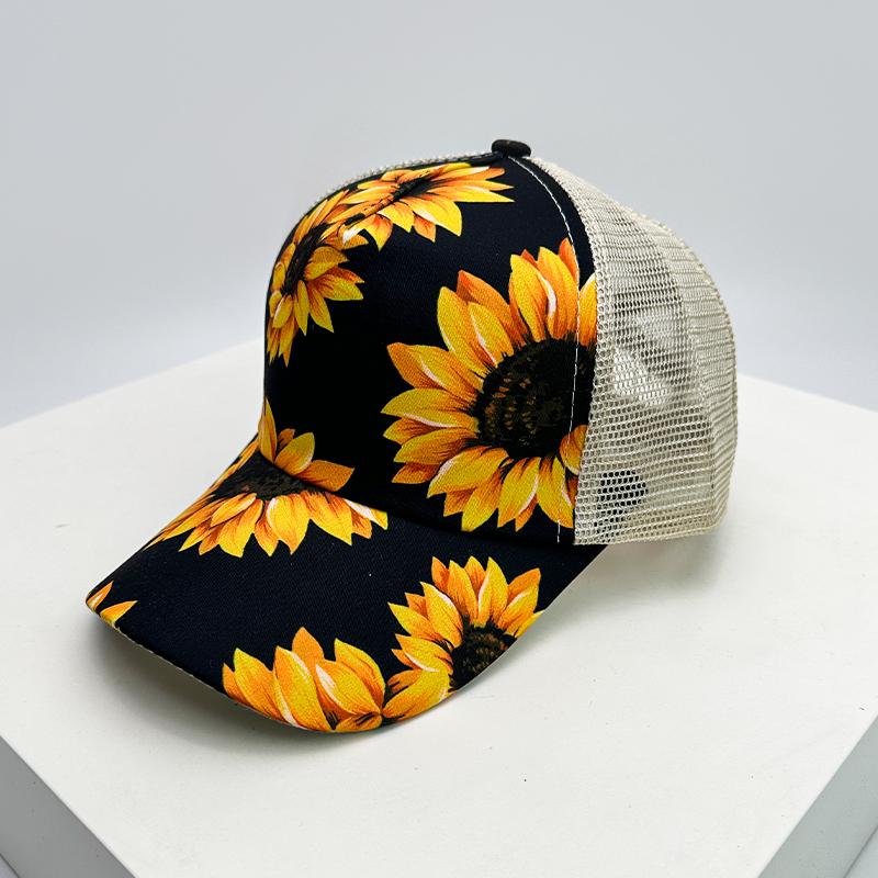 Neue Damen Baseballkappen mit Aufdruck Sonnenblumen-Farbblock, atmungsaktiv, Kreuzgurt für Pferdeschwanz, Sonnenschutz, vielseitige Trucker-Kappen, Netz-Mode 52-60cm