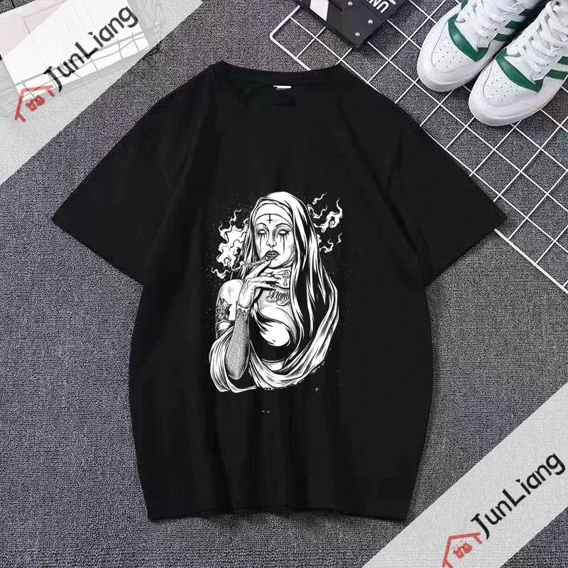 Smoking and Drinking Nuns Religious T-shirt, Cute Unisex T-shirt Short Sleeved Summer Crew-neck Plus Size Breathable Clothing