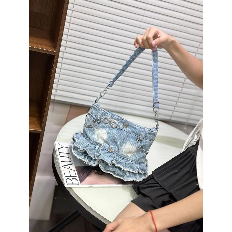

Denim Canvas Crossbody Shoulder Bag,Ruffled Edge Skirt Style Women Sling Bag,Blue Trendy All-Match Handbag,Commuter Chic Purse небесно-голубой