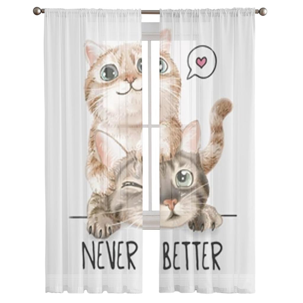 Two Kittens Sheer Window Curtains For Living Room Bedroom Modern Voile Tulle Curtains Fabric Drapes For Kitchen