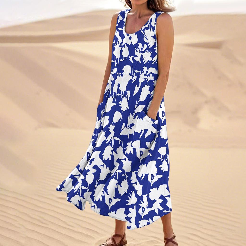 Women's Summer Casual Fashion Flower Printed Sleeveless Pocket Dress