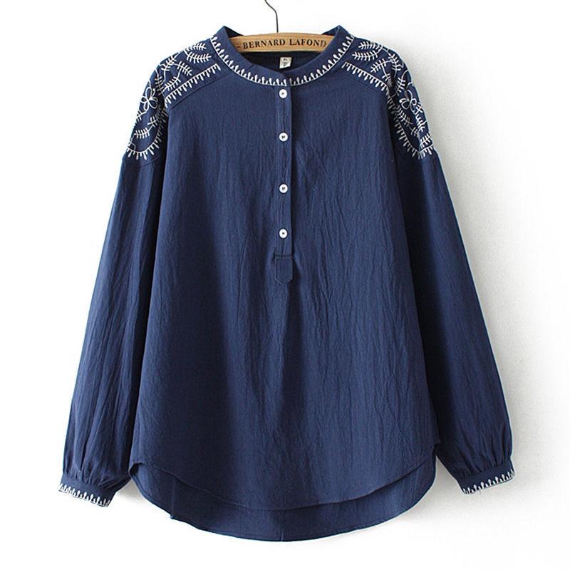 Autumn Tops, Western Style Fashion, Cotton and Linen Embroidered Small Shirts, Plus Fat Plus Size Pullover Shirts