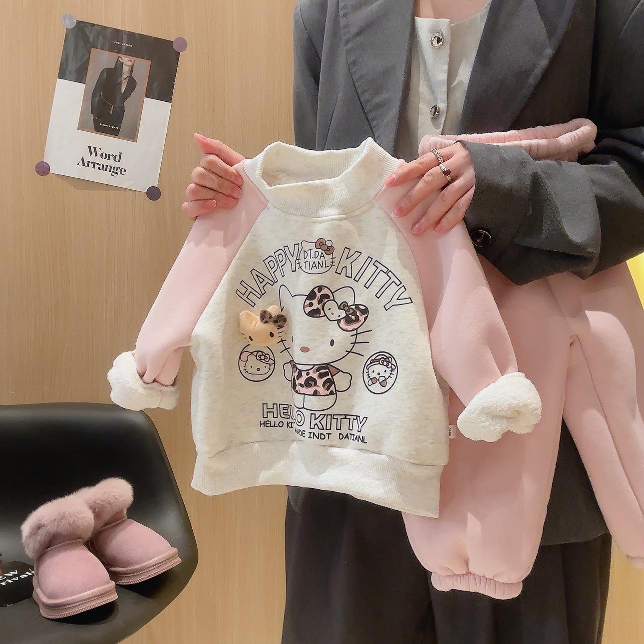 Девочковый велюровый комплект: худи и штаны - Зимний двухсекционный наряд с мультяшным принтом 80cm