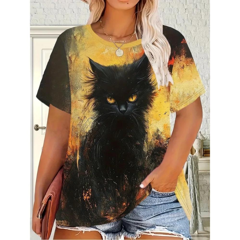 Neues Mode Damen Kurzarm 3D-Druck T-Shirt Niedliche Katze Große Größe Locker Lässiges T-Shirt