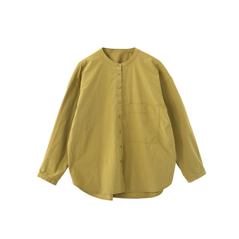 Johnature Spring Stand Collar Loose Casual Versatile Long Sleeve Shirt Simple Solid Color Women Tops S