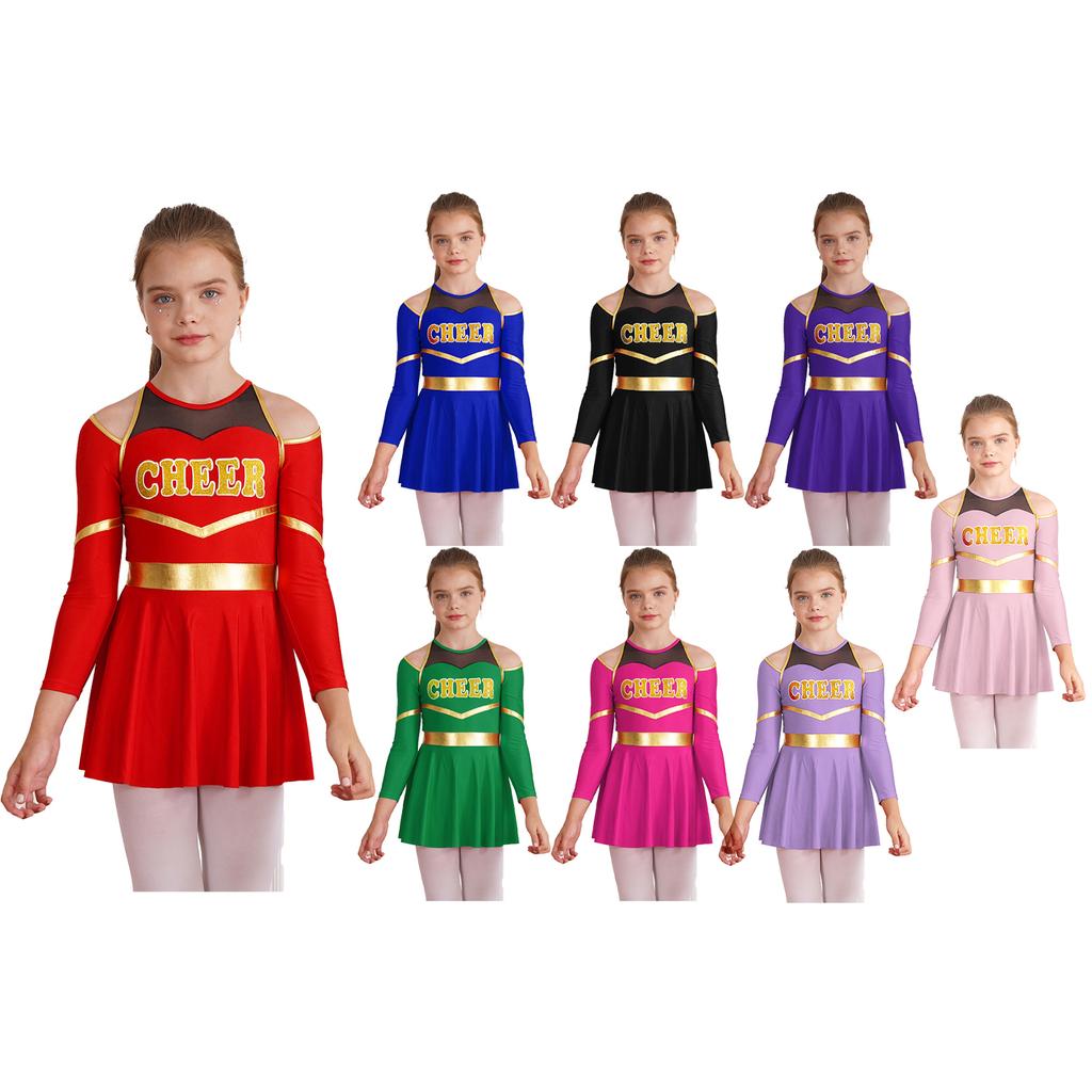 Mädchen Cheerleading Tanzkleid Kontrastfarbe Buchstabendruck Kalte Schulter Schlüsselloch Rücken Langarm Strampler Outfit