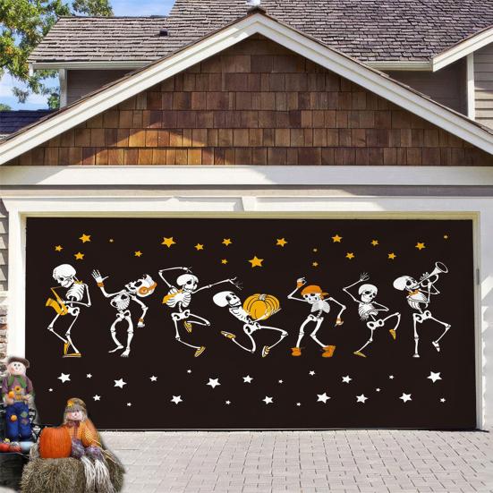 7 X 16ft Halloween Garage Door Cover Large Skeleton Graveyard Hanging Backdrop Door Banner for Halloween Yard Front Porch Wall Decoration