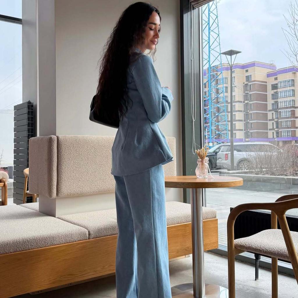 Cross-border foreign trade European beautiful women 2026 spring and autumn waist stand-up collar long-sleeved suit top femininity straight pants suit
