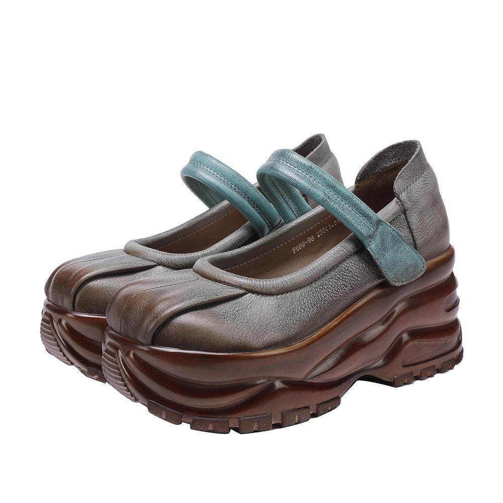 

Туфли Johnature Retro Wedges Shoes из натуральной кожи на толстой подошве, женские туфли-лодочки с круглым носком и платформой ручной работы 37 серый