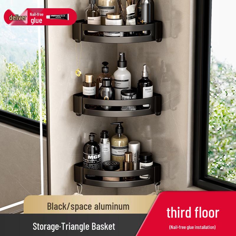 Gunmetal No-Drill Triangular Bathroom Shelf - Space Aluminum Corner Storage Basket