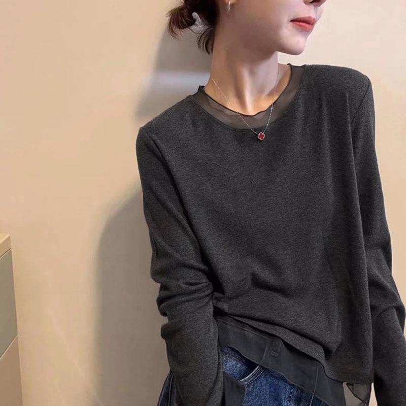 Korean Style Patchwork Lace Long Sleeve Brushed T-shirt for Women - Autumn/Winter Versatile Casual Top