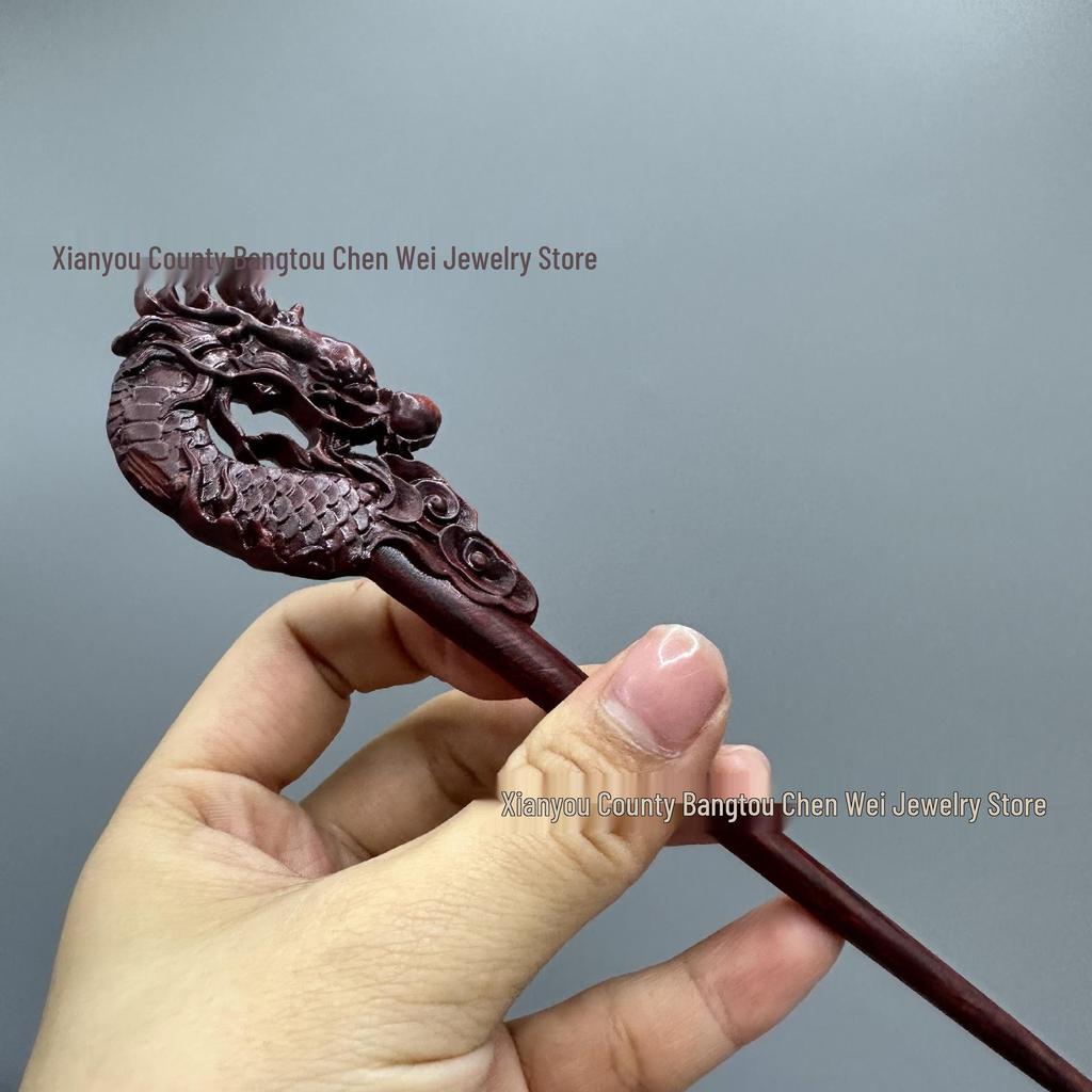 Carved Dragon Head Wooden Hairpin - Ancient Hanfu Style