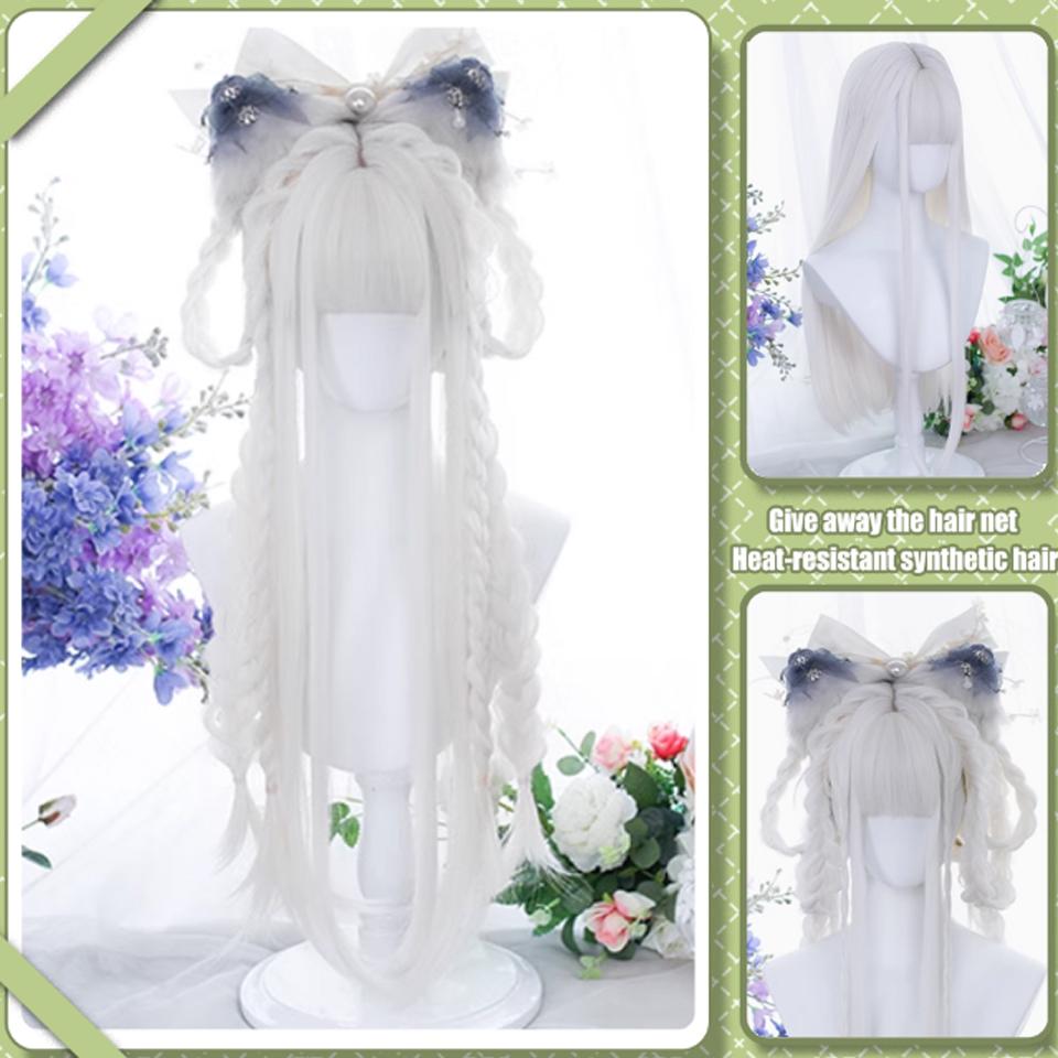 WTB White Long Straight Synthetic Wig Female Elegant And Fresh Lolita Straight Bangs Straight Hair Cosplay Party Wig