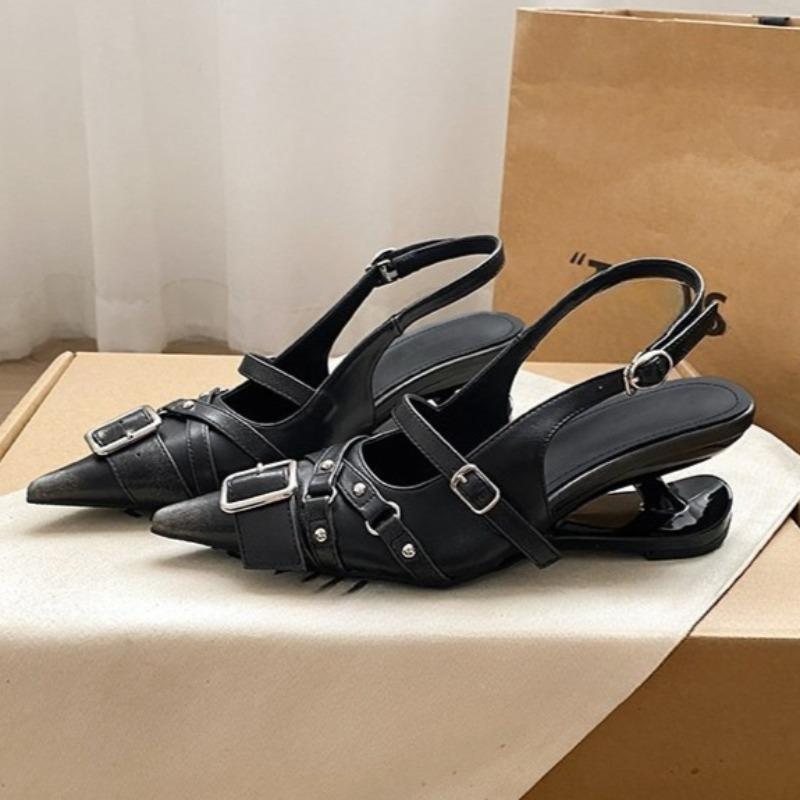 

Metal Buckle One Strap Wedge Sandals Summer New Pointed Toe Shallow Mouth Non-slip Women s Shoes 35 чёрный