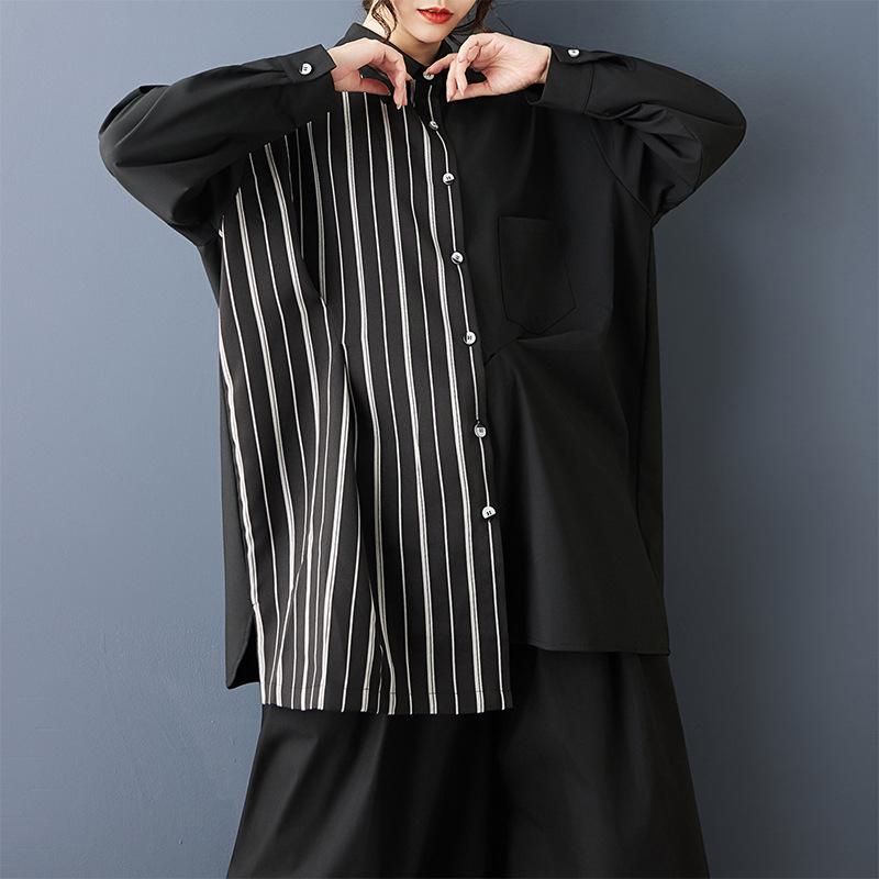 

Spring Dark Style Striped Patchwork Mid-length Shirt - Versatile and Fashionable Casual Top Plus Size