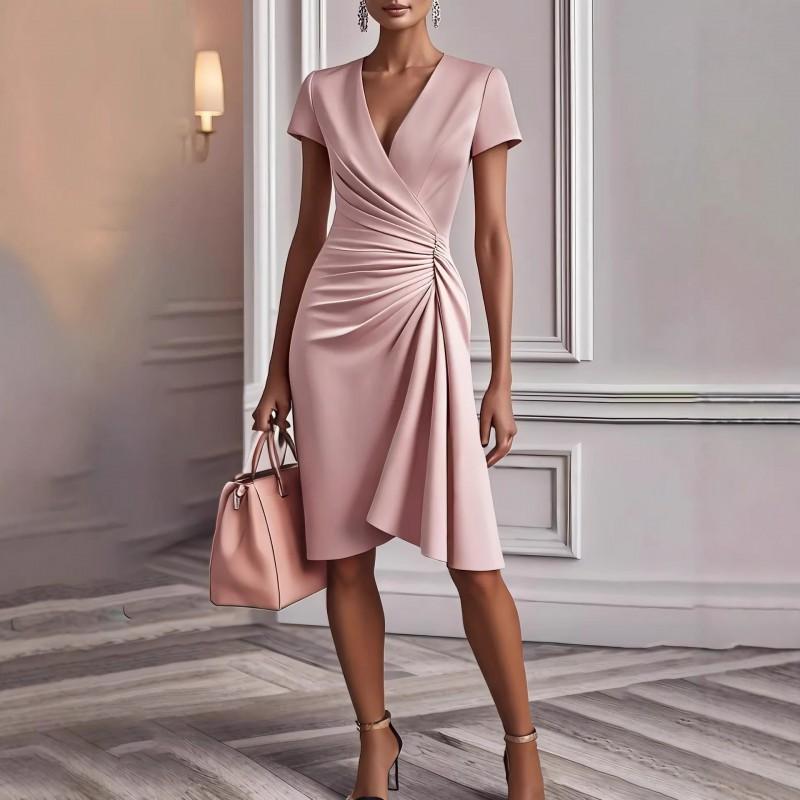 2026 Womens Solid Color V-Neck Waist-Cinched A-Line Short Sleeve Dress