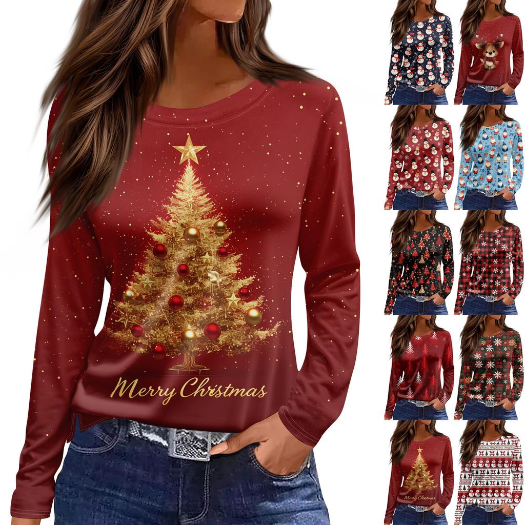 Women's Fashion Casual Slit Hem Round Neck Long Sleeve Loose Printed T-Shirt Ladies Top