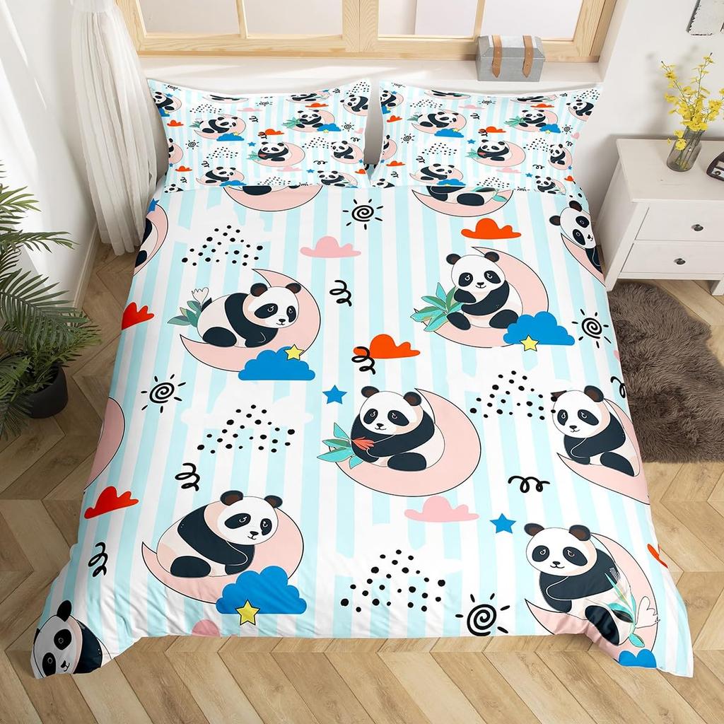 Cute Red Panda Duvet Cover King Size,Pink Love Stars Bedding Set Kawaii Cartoon Animals Comforter Cover Girly Sweet Quilt Cover