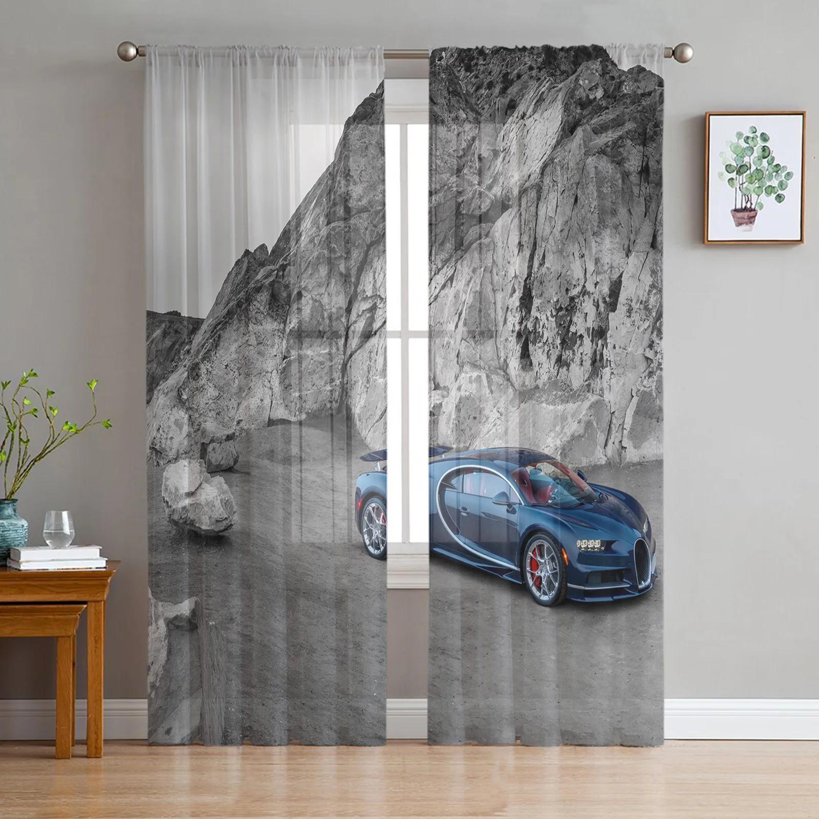 

Blue Racing Car View Soft Tulle Curtains for Living Room Print Design Transparent Transparent Fabric Curtain Bed Chamber Window Screening Drapes W135 x H115cm x1&Rod Pocket