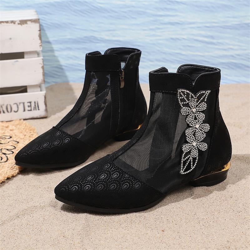 Fashion Luxury Glitter Flower Breathable Mesh Boots Women 2025 Summer Sexy Pointed Toe Low Heel Ankle Boots Side Zip Black Booties