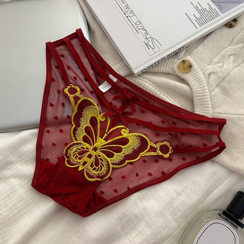 Low-Waist Butterfly Embroidery Bow Underpants Transparent Flower Mesh Slim Panties  Women