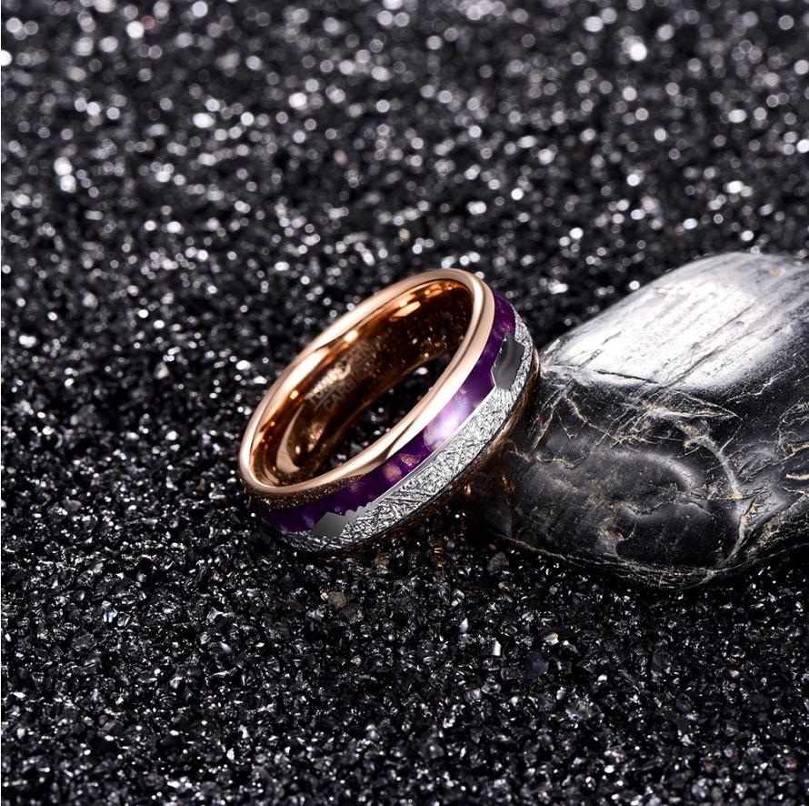 2025 Luxury 6mm/8mm Tungsten Ring with 18K Rose Gold, Meteorite, and Natural Purple Agate Inlay
