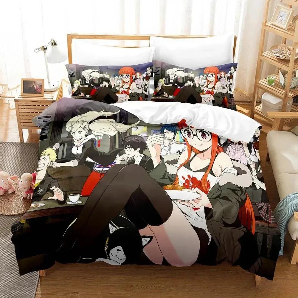 3D-Druck Persona 5 Bettwäsche-Set Cartoon Anime Bettbezug Dreiteiliges Set für Erwachsenen Kinder Schlafzimmer Heimtextilien Geburtstagsgeschenk