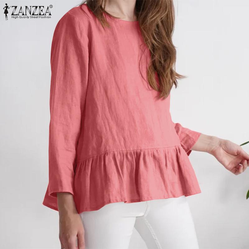 

ZANZEA Женская плиссированная однотонная свободная блузка с круглым вырезом и рукавами 9/10 в стиле пэчворк