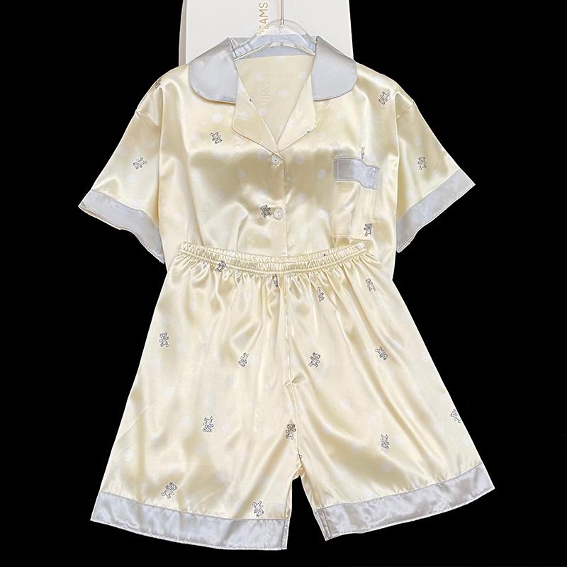 Fresh Cute Cartoon Bear Print Women's Short Pajamas Summer Female Homewear Simulated Silk Two-piece Lounges