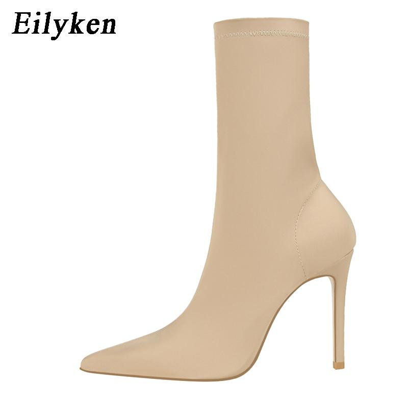 Fashion Eilyken Winter Fashion Stretch Fabric Socks Ankle Boots Women Pointed Toe Thin Heels Slip-On Shoes Female Pumps