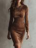 Women's Slim Fit Fashion Autumn Winter Velvet Dress with Long Sleeve and Lace Trim