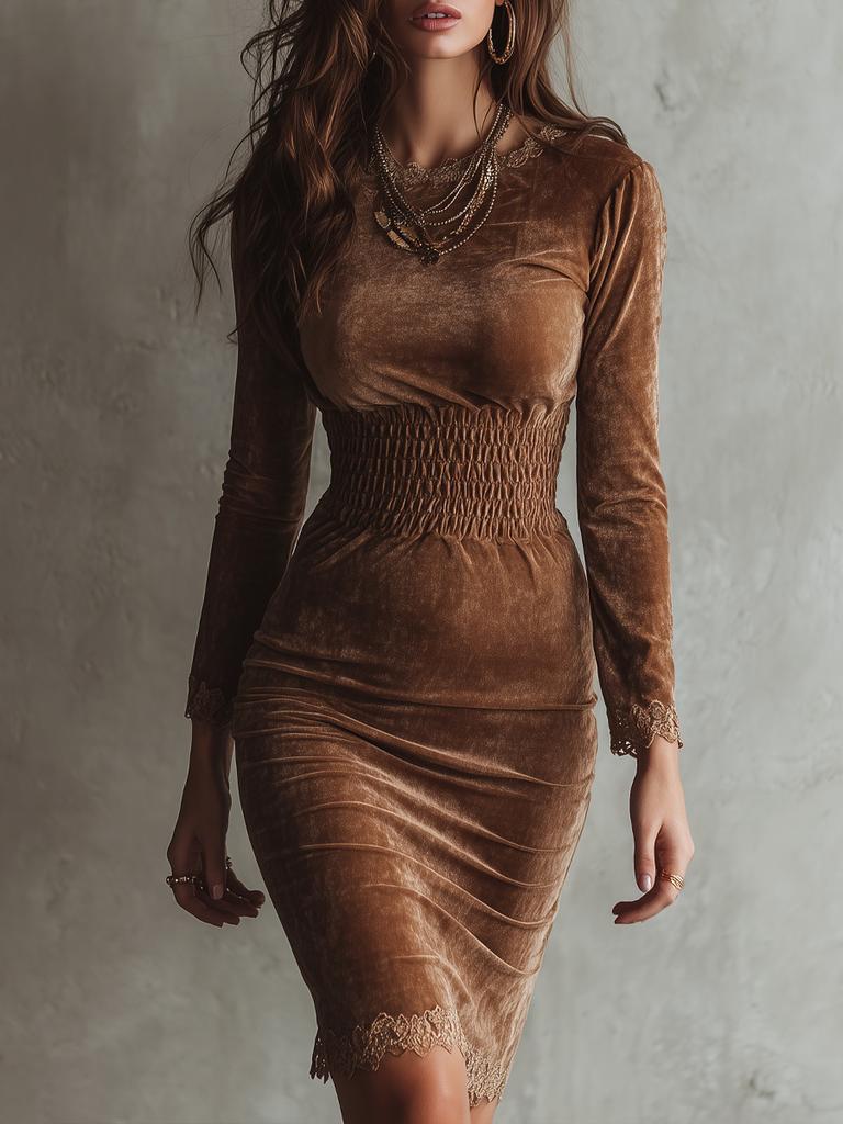Women's Slim Fit Fashion Autumn Winter Velvet Dress with Long Sleeve and Lace Trim