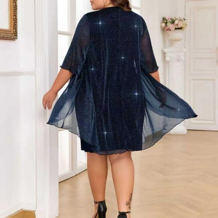 Glitter Shawl Design Plus Size Women Dress Round Neck Half Sleeve Slimming Loose Hem Casual Office Party Wear
