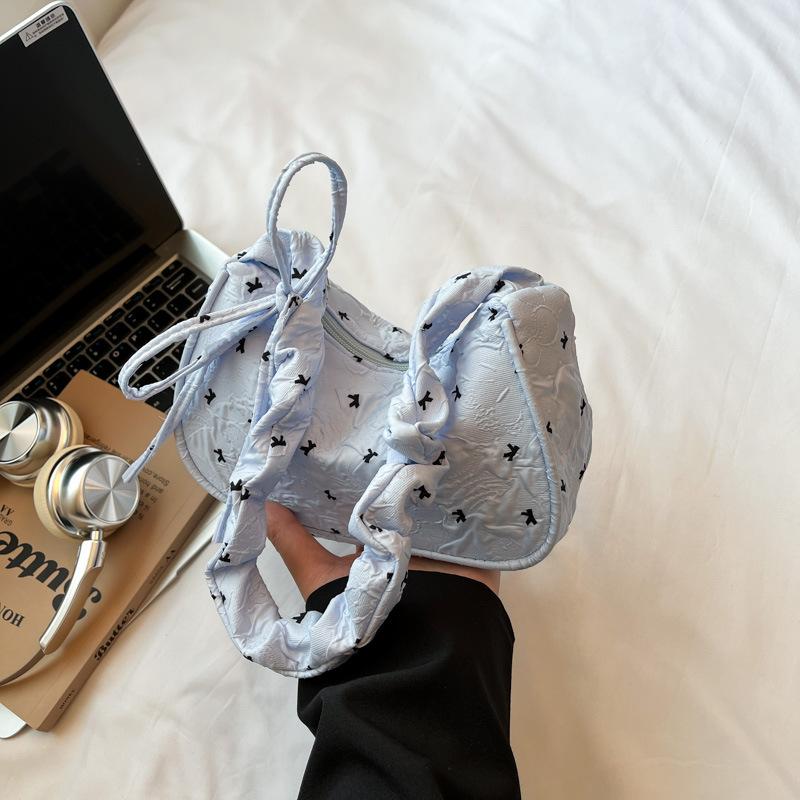 

New Sweet Korean Style Bow Oxford Cloth Underarm Bag for Women Crescent Moon Fold Shoulder Handbag