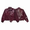 Unisex Red Wine Embroidered Leather Jacket With Turn-Down Collar Streetwear Casual Outerwear Teens Adults