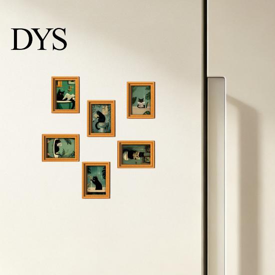 Home Art Display Accessories Funny Wooden Fridge Magnets Frame, Retro Cute Cat in Bathroom Magnetic Style Picture Frames for Metal Cabinets