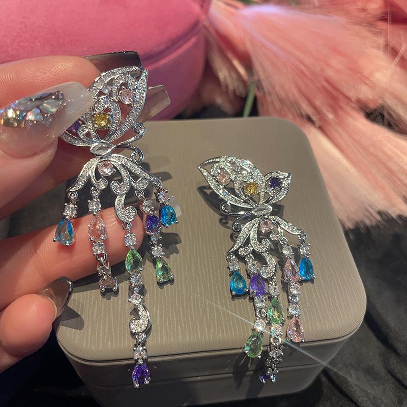 

S9 butterfly water drop fringed earrings colored zircon light luxury stud earrings niche high-end versatile earrings women
