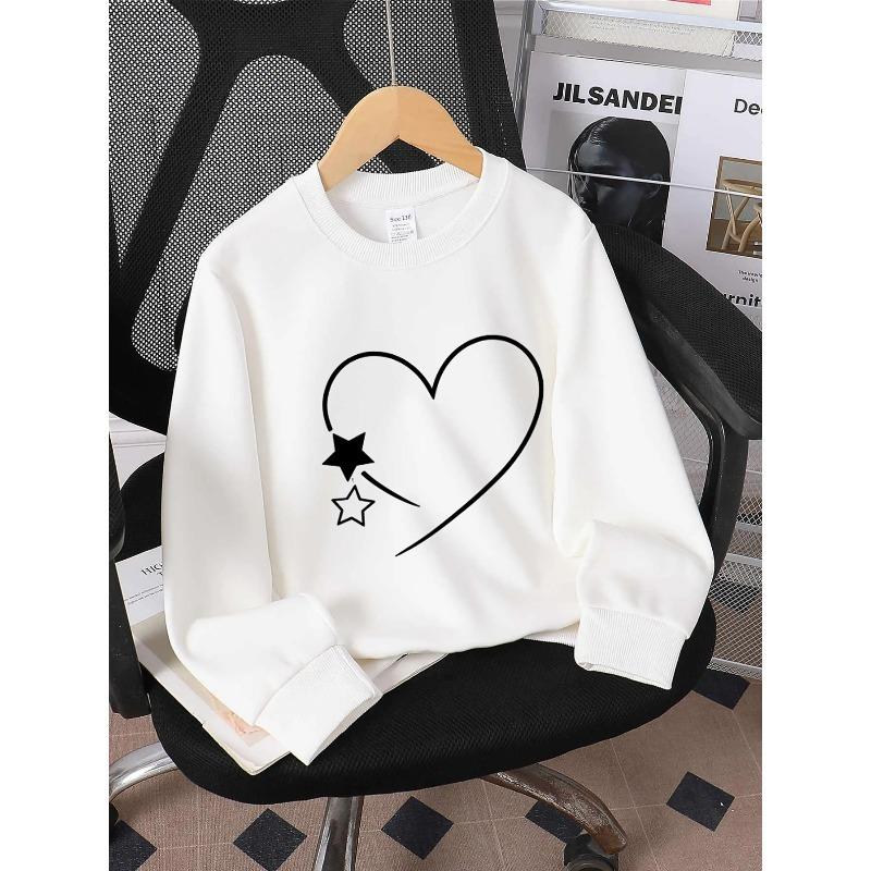 Girls' Crewneck Sweatshirt - Heart Star Outline Pattern Print Design Machine Washable, Spring And Autumn, Sportswear And Casual Wear