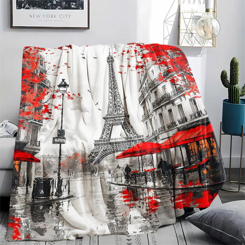 1Pc Eiffel Tower Art Print Flannel Blanket, High quality Comfortable for All Seasons, Home Decor, Warmth and Comfort, Perfect for Gifts