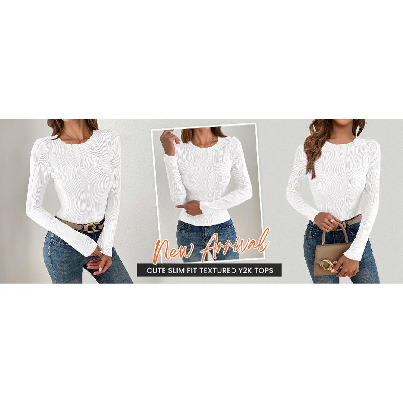 2026 Spring and Autumn New Women's Casual Textured Round Neck Long Sleeve Slim Fit T-Shirt