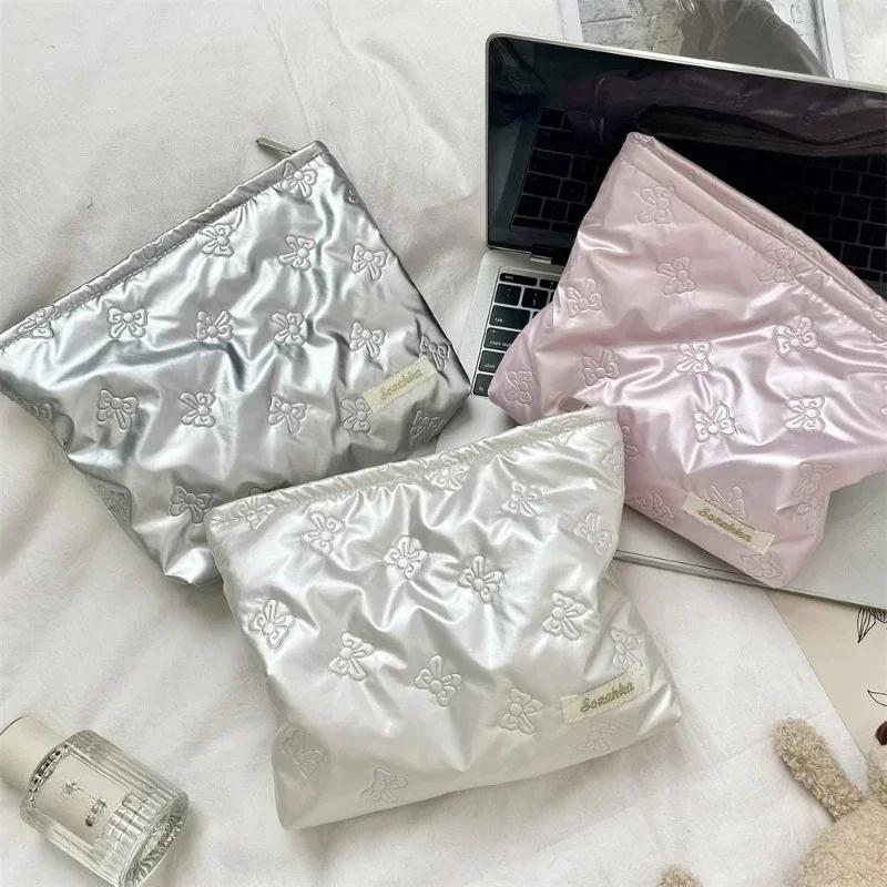 Korean Quilted PU Love Bow Cosmetic Bag Skincare Products Pouch Inner Pocket Multi-function Makeup Lipstick Storage Bag Handbag